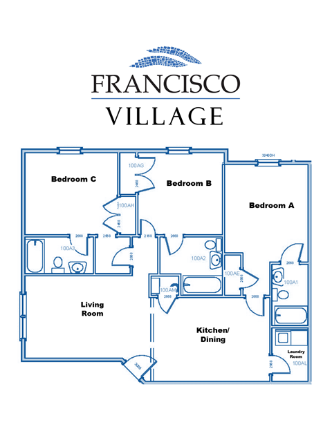A floor plan of a home with three bedrooms and a living room.