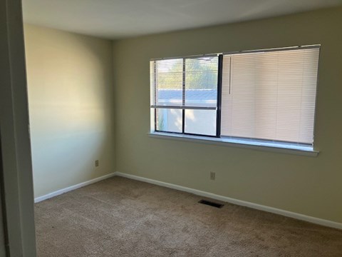 A room with a carpeted floor and a window with blinds.