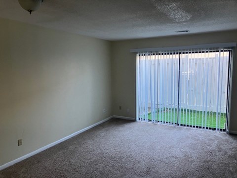 A room with a carpeted floor and a sliding glass door leading to a backyard.