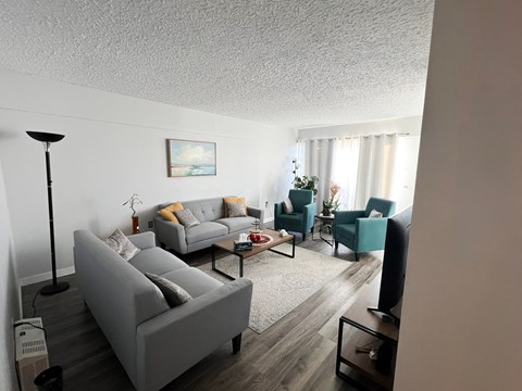 A living room with a grey couch and a painting on the wall.