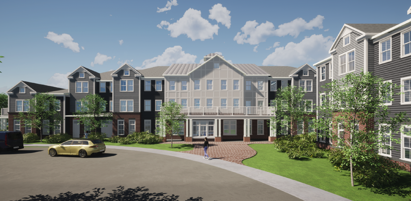 a rendering of an apartment complex with a yellow car parked in front of it