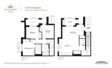 A floor plan for a Williamsburg Townhomes property called Cotton Grass, showing two units with labeled rooms.