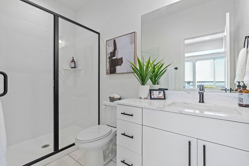 a bathroom with a shower and a sink and a toilet