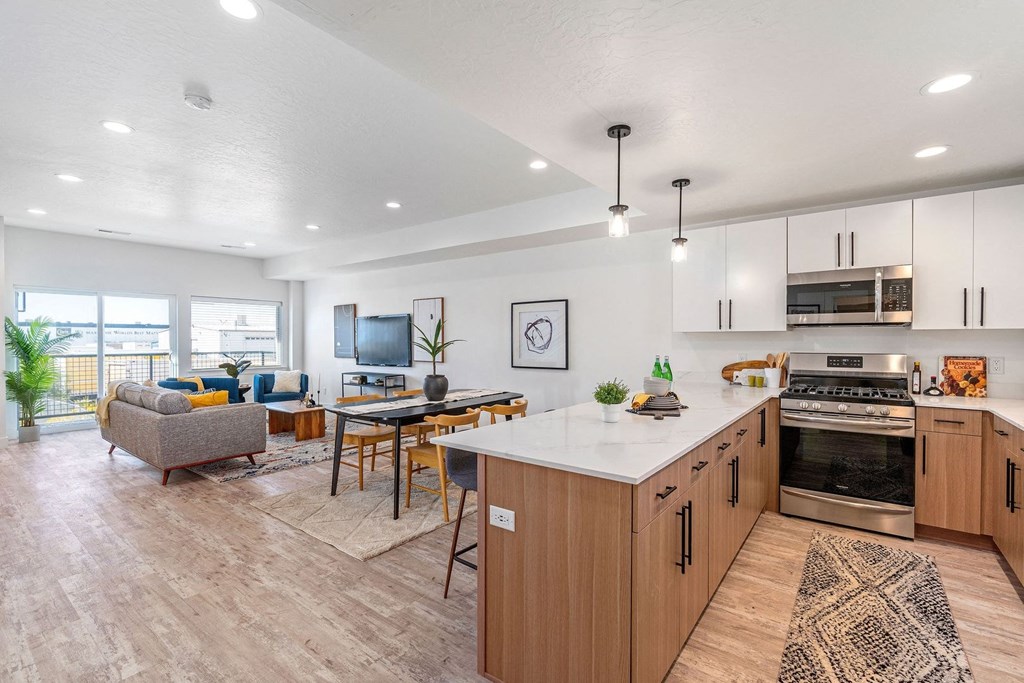 a living room with a kitchen and a dining room