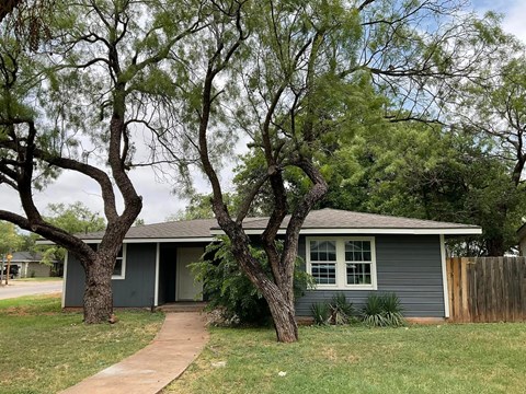 A house with a grey roof and a tree in front of it.