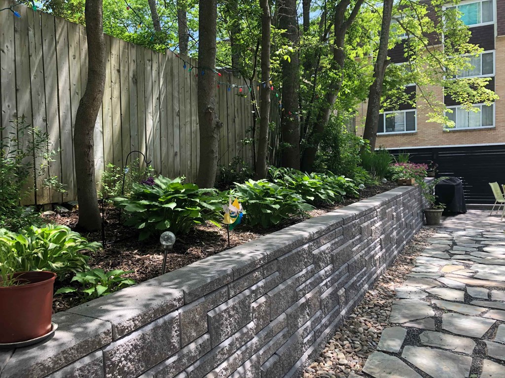 A garden with a stone wall and a wooden fence.
