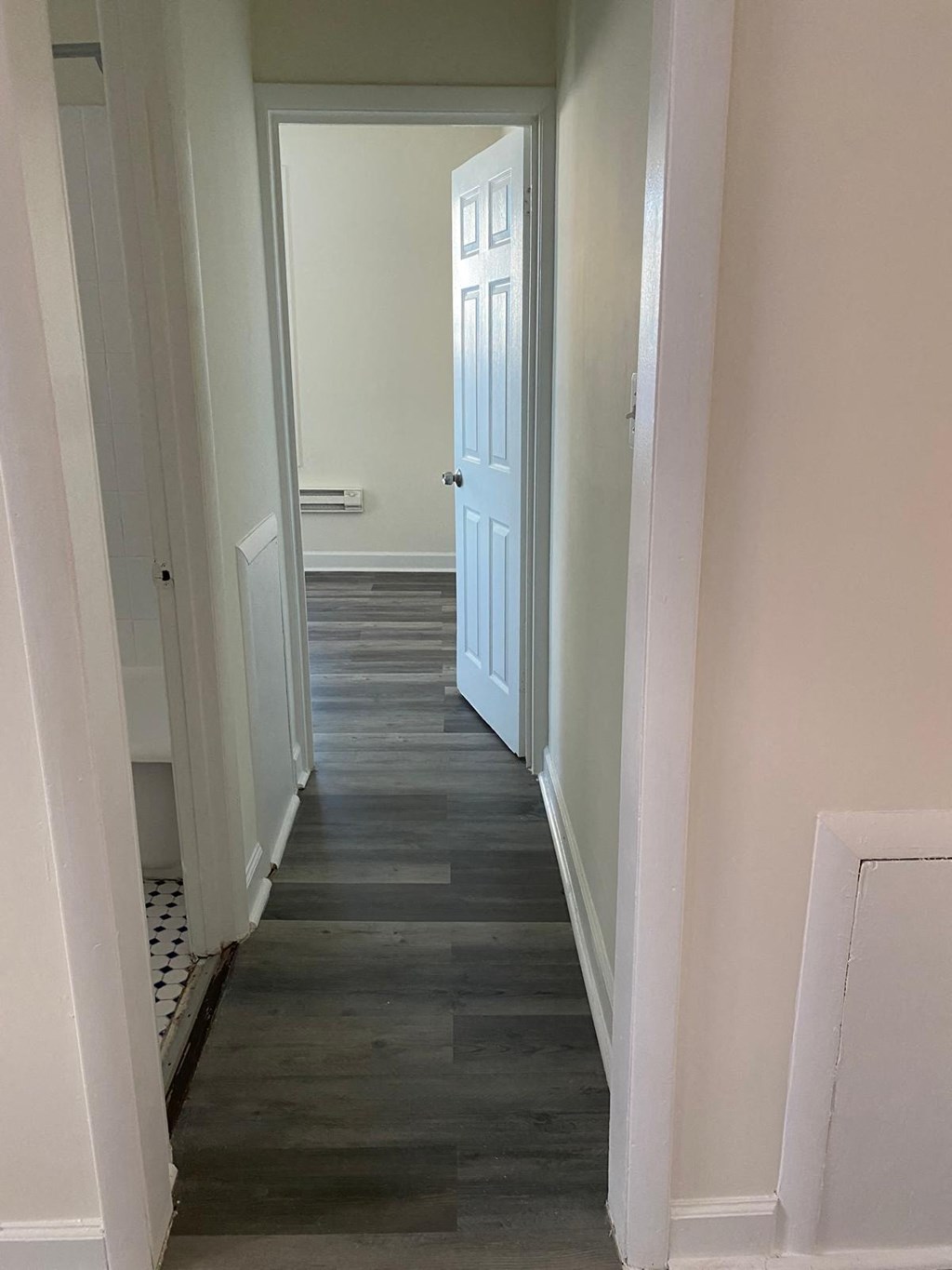a hallway with wood floors and a white door
