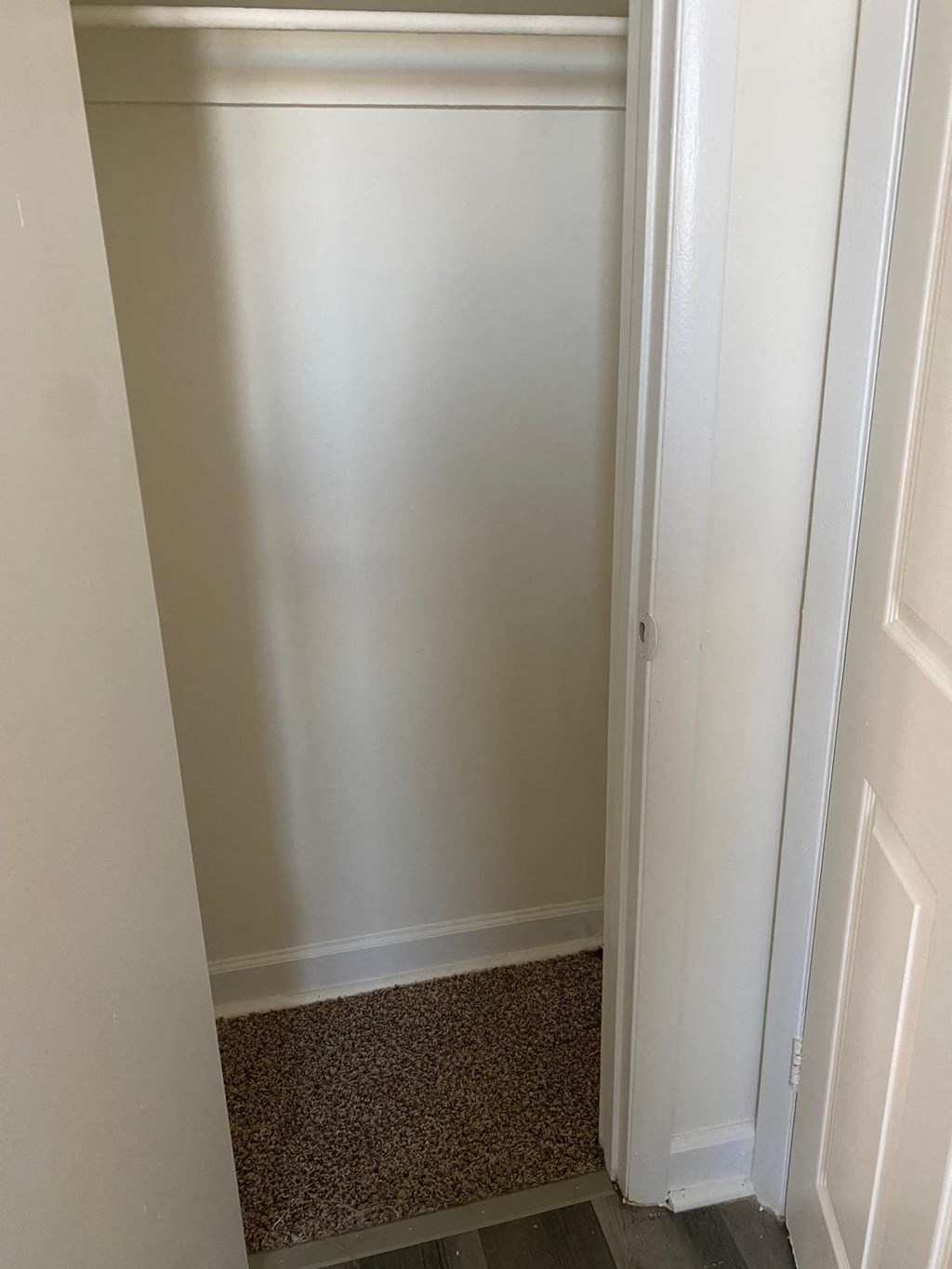 a small room with a white door and a carpet on the floor