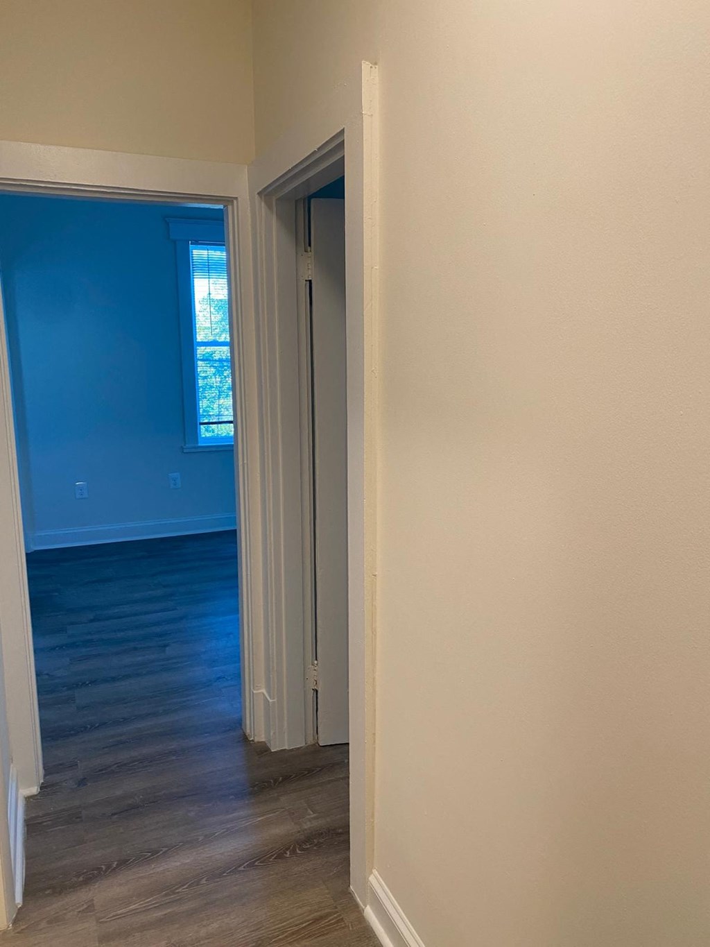 a living room with a blue wall and a door to a bedroom
