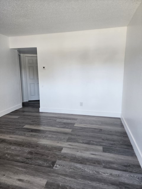 A room with a grey floor and a white door.