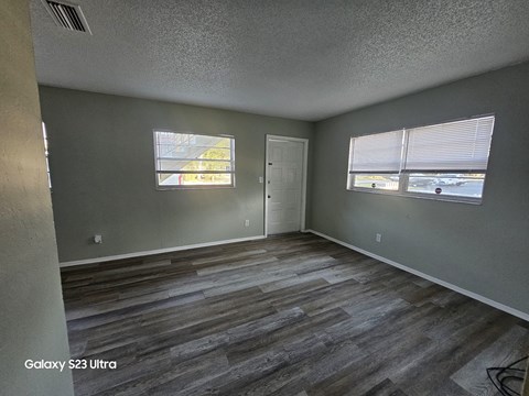 A room with a wooden floor and a door.