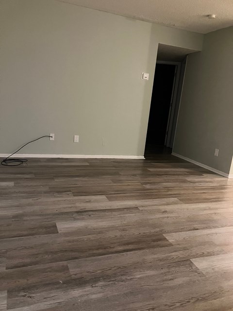 A room with a wooden floor and a doorway leading to another room.