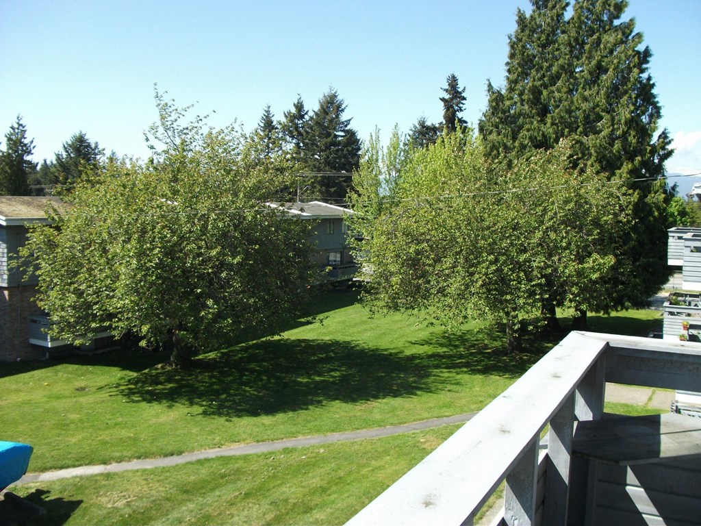 A view of a green lawn from a balcony.