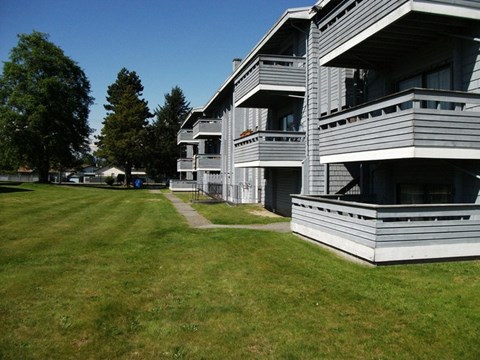 A large grassy area in front of a building with a clear blue sky.