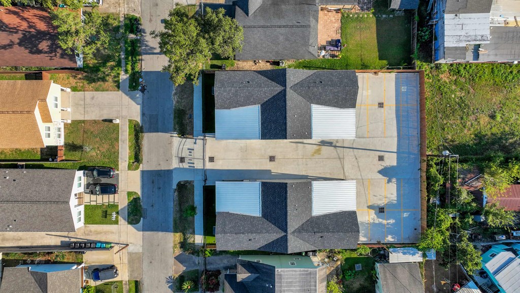 an aerial view of the roof of a building with a quilt pattern on it