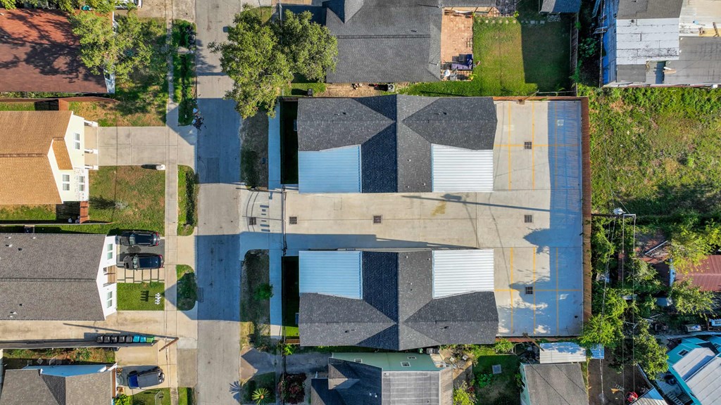 an aerial view of the roof of a building with a quilt pattern on it