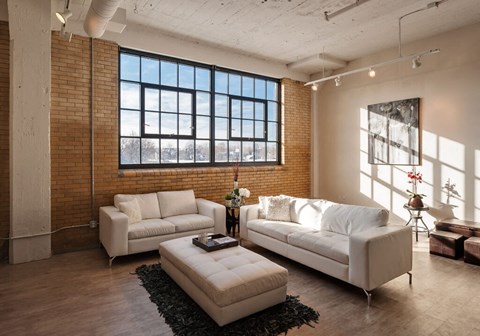 A living room with a white couch and a black rug.