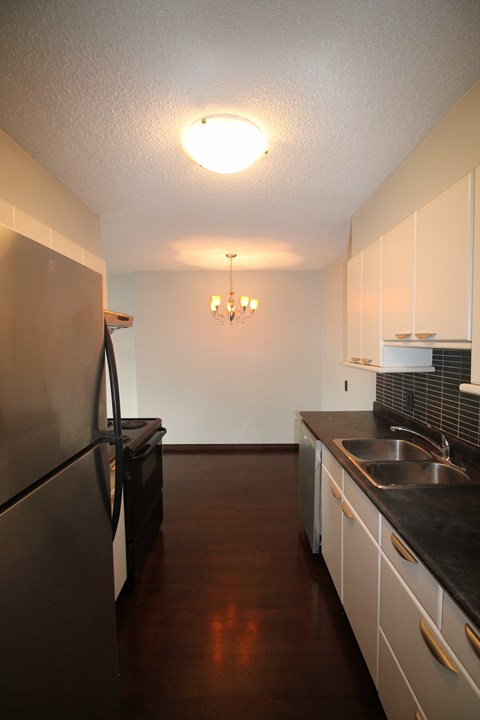 A kitchen with a refrigerator on the left and a sink on the right.
