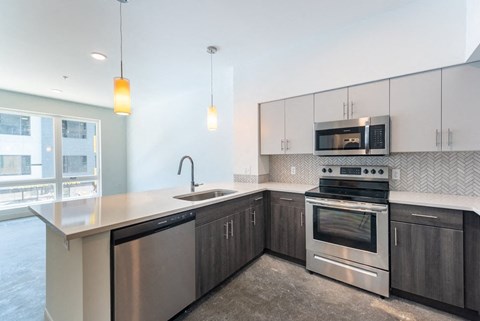 a kitchen with stainless steel appliances and a counter top