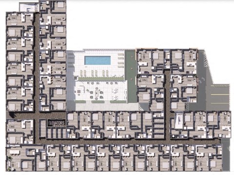 a floor plan of a building with many apartments and a pool