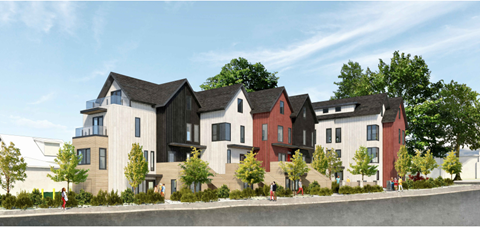 a rendering of a row of houses in a neighborhood