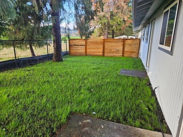 A backyard with a wooden fence and a green lawn.