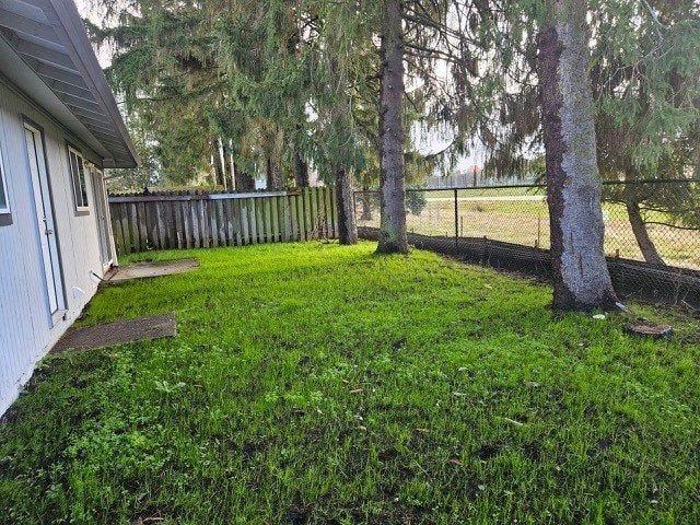 A backyard with a fence and trees.