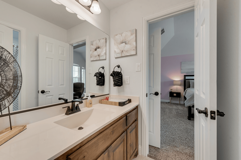a bathroom with a sink and a mirror and a door to a bedroom