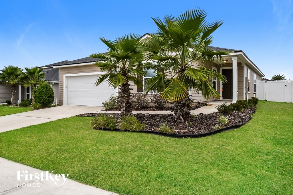 a palm tree in the front yard of a house