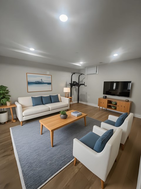 A living room with a white couch, a wooden coffee table, and a painting on the wall.
