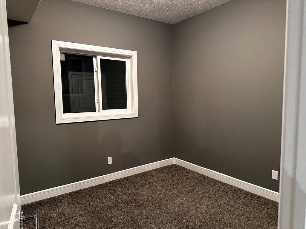 A room with a brown carpet and a white window.
