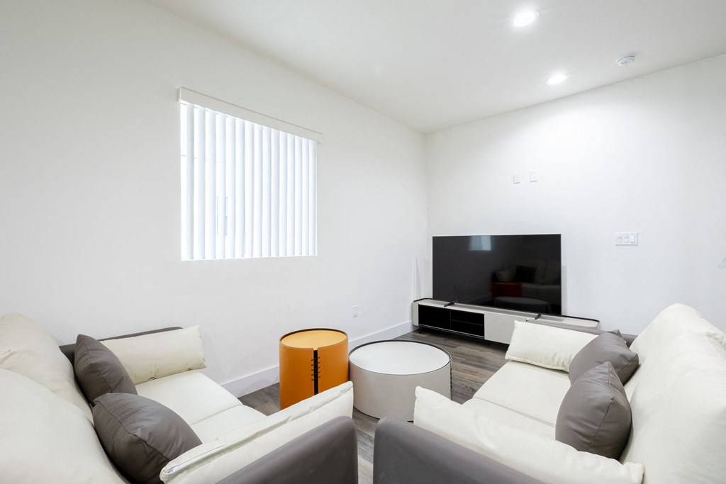 a living room with two couches and a television