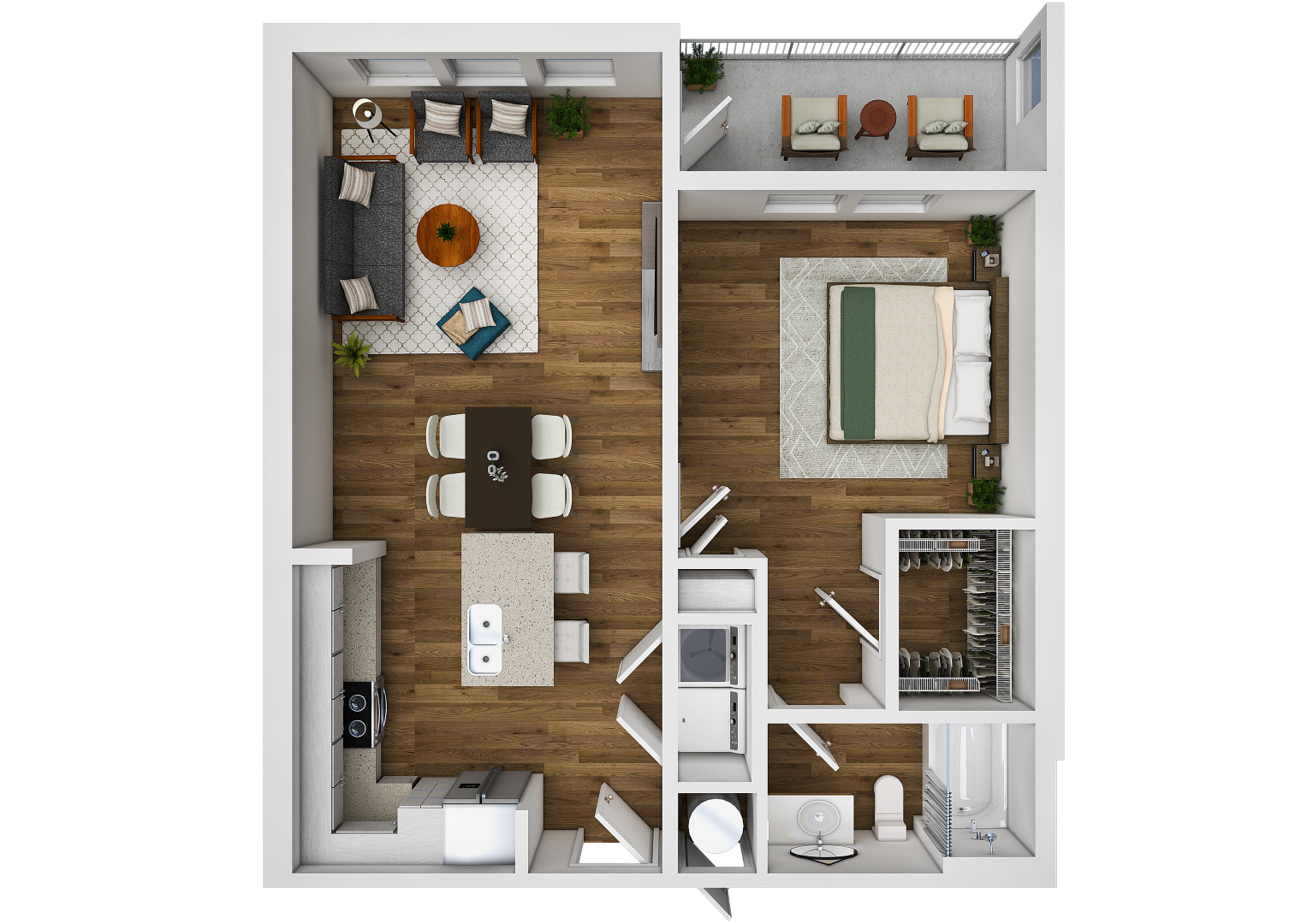 A top-down view of a small apartment with a kitchen, living room, and bedroom.