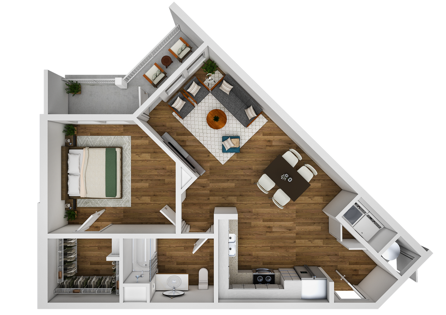 A 3D floor plan of a house showing a living room, kitchen, and bedrooms.