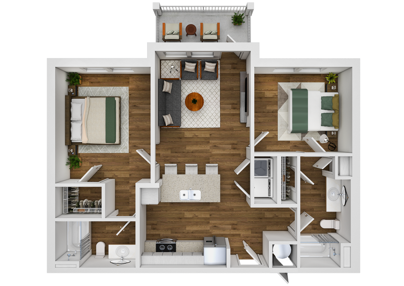 A 3D floor plan of a house with a living room, kitchen, and two bedrooms.