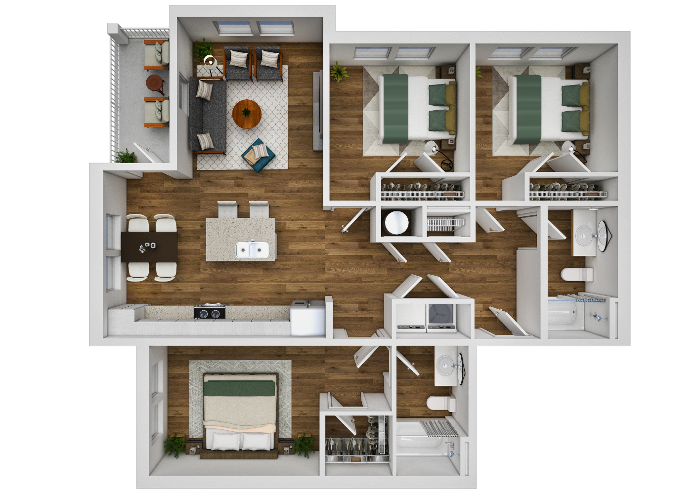A 3D floor plan of a house with various rooms and furniture.
