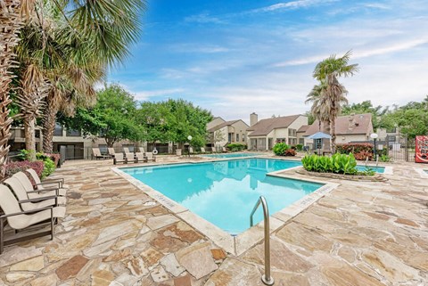A swimming pool surrounded by a stone patio and palm trees.