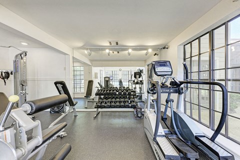 A gym with treadmills, weights, and exercise equipment.