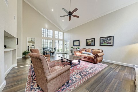 A living room with a brown couch, a brown chair, and a rug.