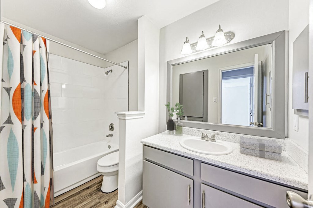 A bathroom with a white toilet, a sink, and a mirror.