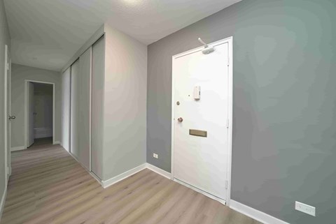 A hallway with a white door and a wooden floor.