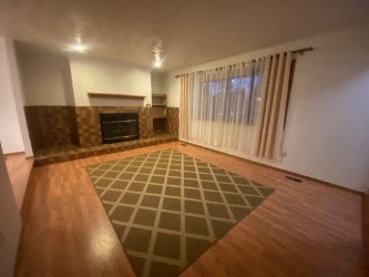 A living room with a fireplace and a rug on the floor.