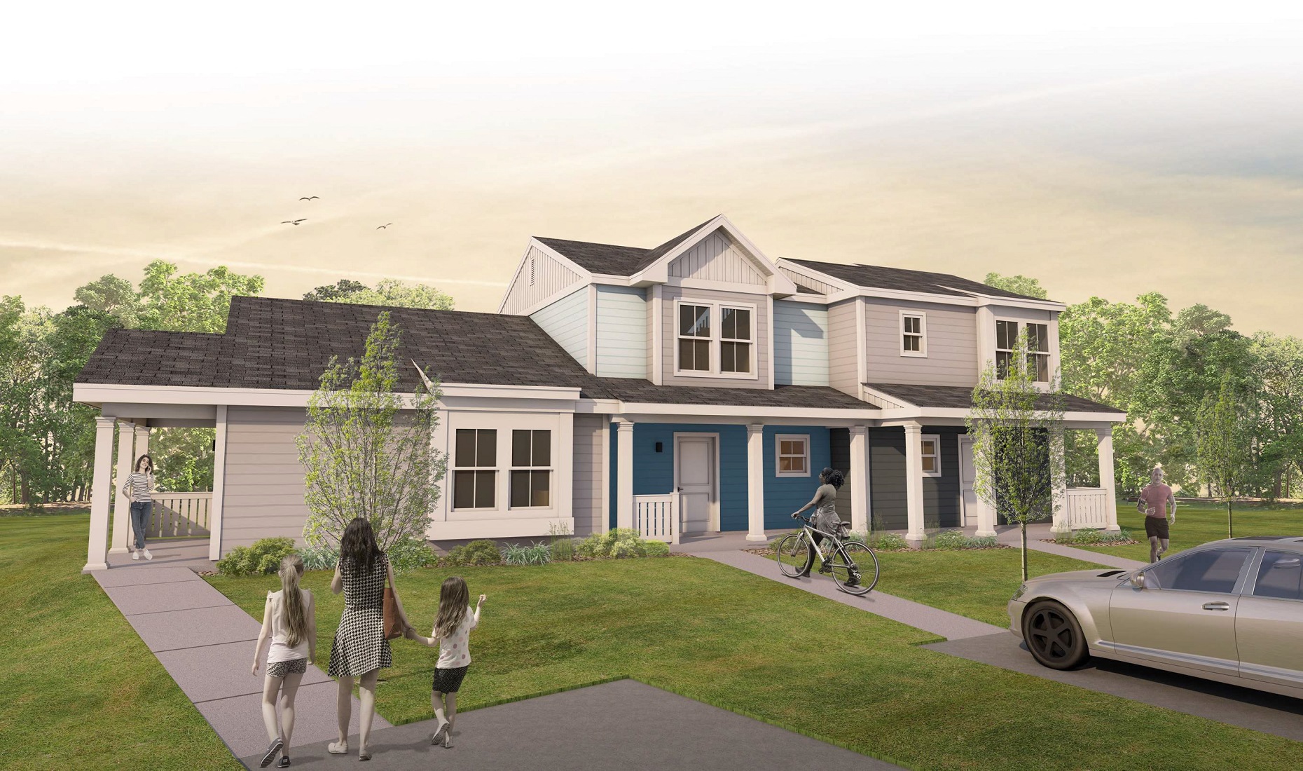 A family of four walks in front of a two-story house.