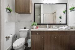 a bathroom with a toilet and a large mirror