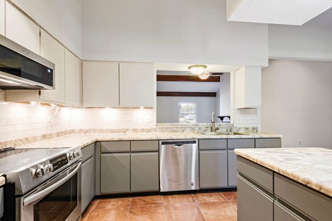 A kitchen with a stove top oven and a dishwasher.