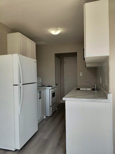 A white refrigerator stands in a kitchen with a sink and a stove.