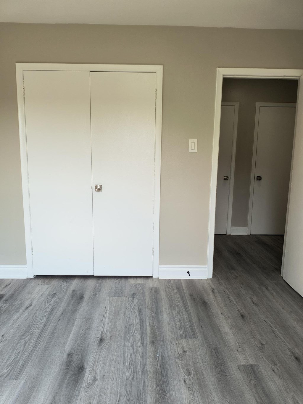 A room with two white doors and a grey floor.