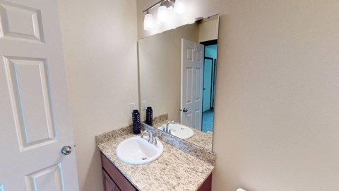 A bathroom with a sink, mirror, and a white door.