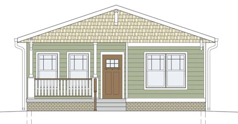 A drawing of a house with a green siding and a brown door.