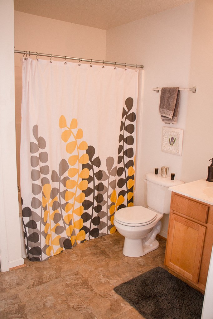 a bathroom with a shower curtain and a toilet